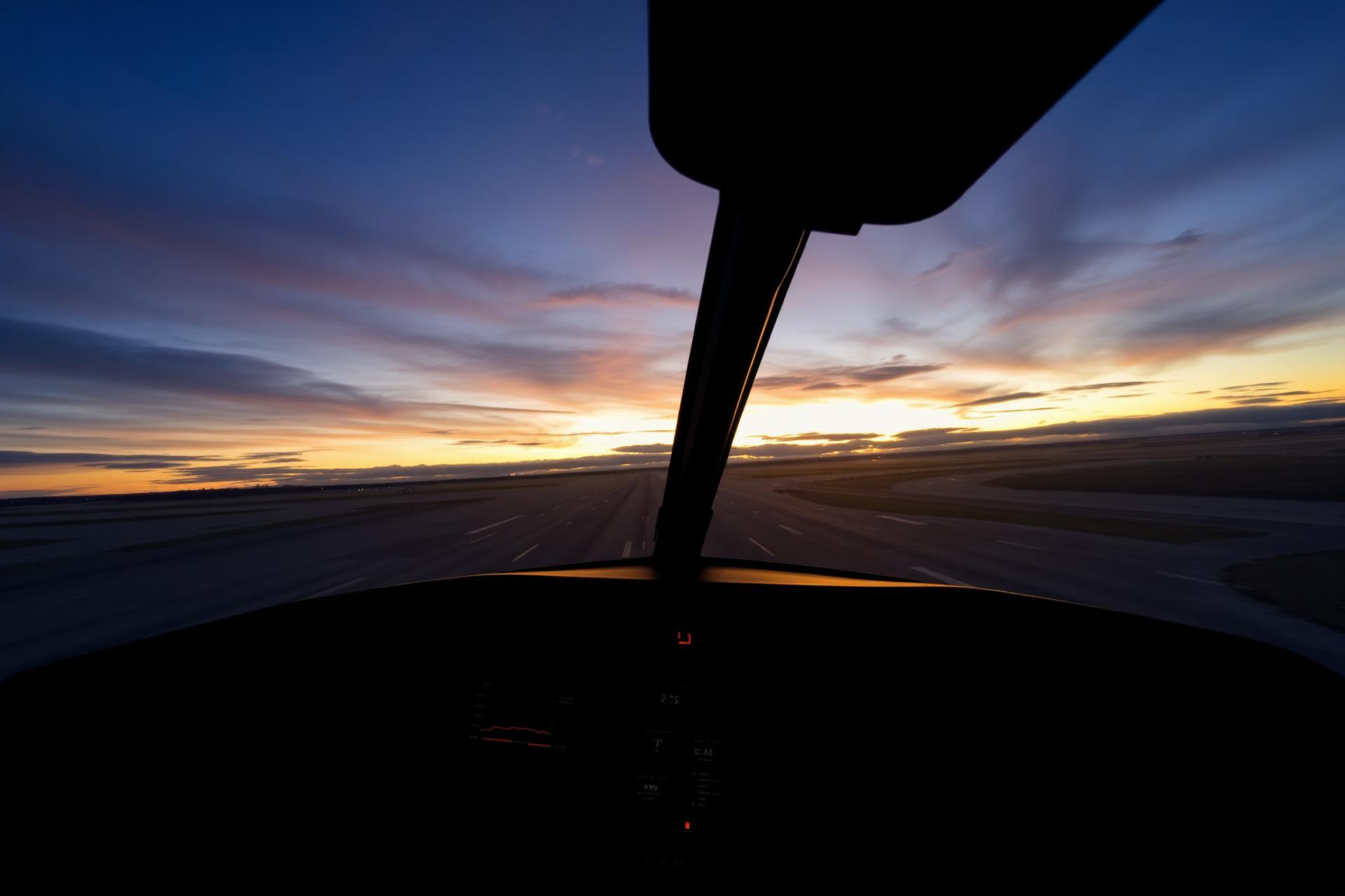 Cockpit view of a runway at sunrise
